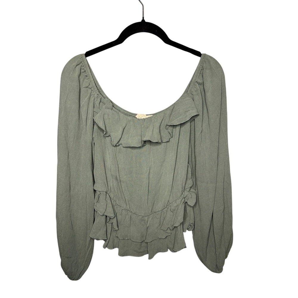 Dress Up Sage Green Ruffle Peplum Blouse Long Sleeve Scoop Neck T81990-02 Medium